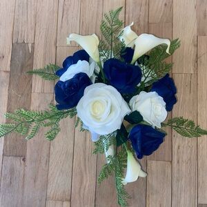 Elegant Blue and White Artificial Flower Arrangement and card box